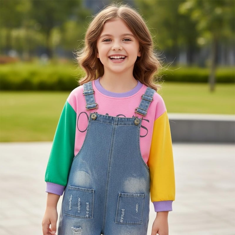 Peacolate 5-12 Years Girls' Denim Overall Set Long Sleeve T-Shirt & Jean Bib Overalls Stylish 2pcs Outfit for Kids Teens - Image 3